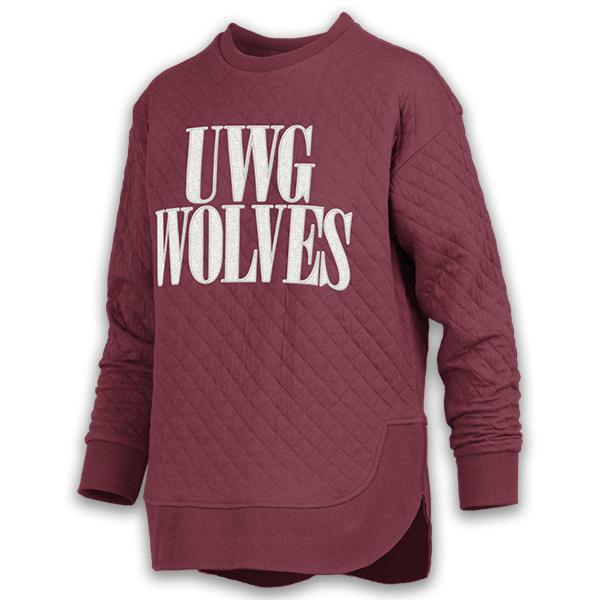 WEST GA TEXT "PASADENA" QUILTED CREWNECK; $44.99