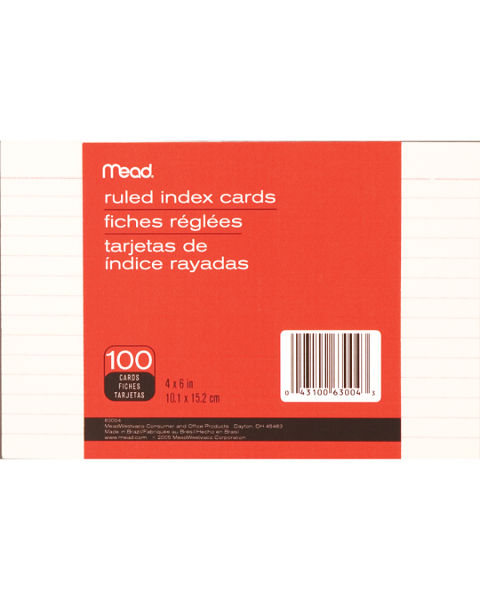 Mead 4in x 6in Ruled Index Cards, 100 Pack, White; $3.98