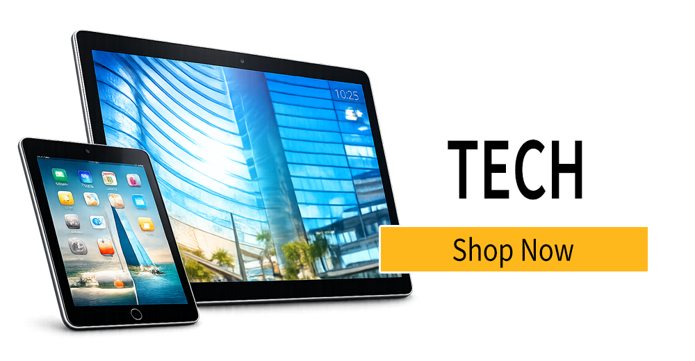 A tablet and laptop showing a campus building next to the text Tech. Shop Now.