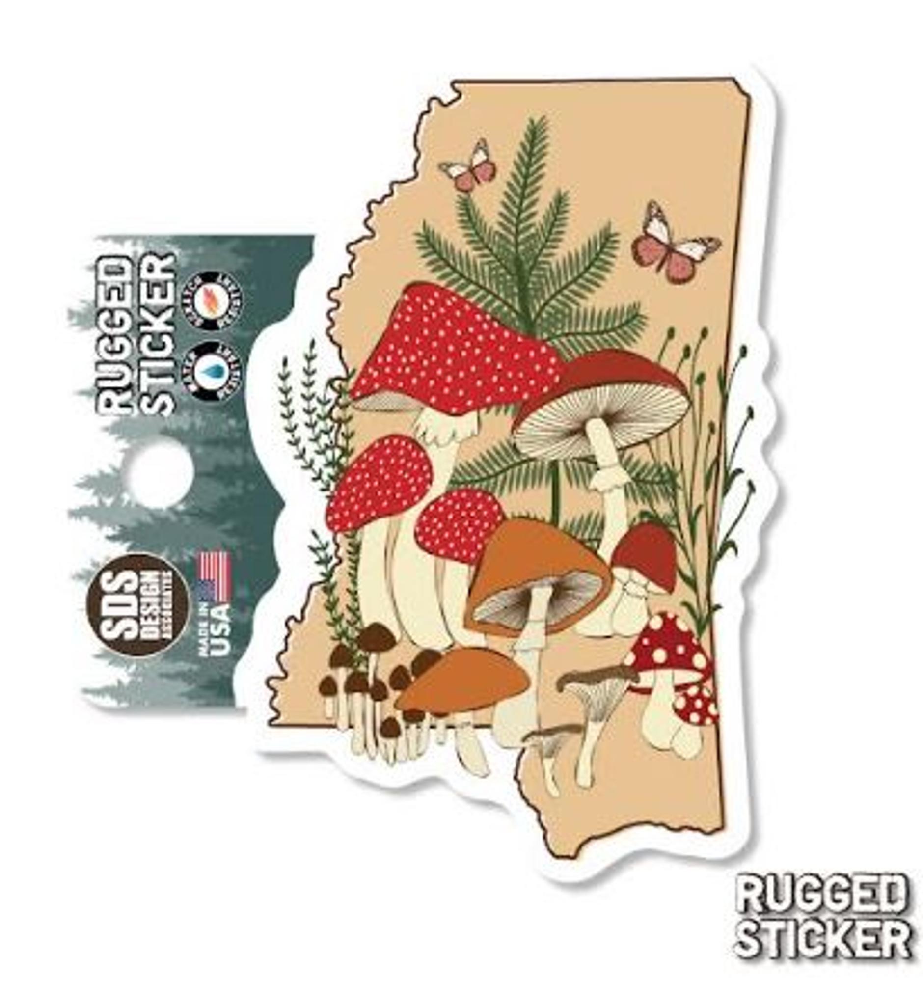 image of: Mississippi State Outline with Mushrooms Rugged Sticker