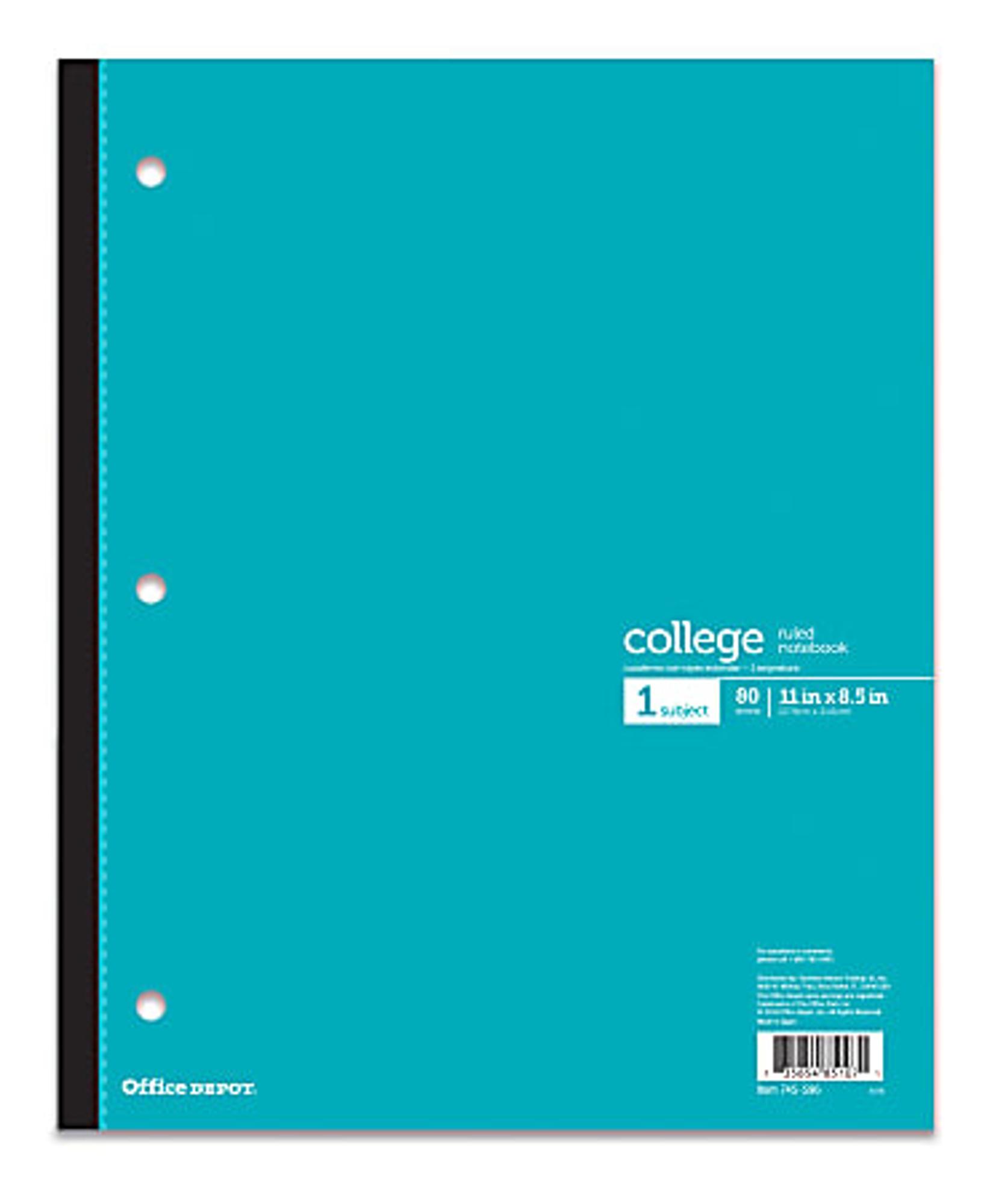 image of: Office Depot® Brand Wireless Notebook, 8 1/2" x 10 1/2", 3-Hole Punched, 1 Subject, Wide Ruled, 80 Sheets, Turquoise