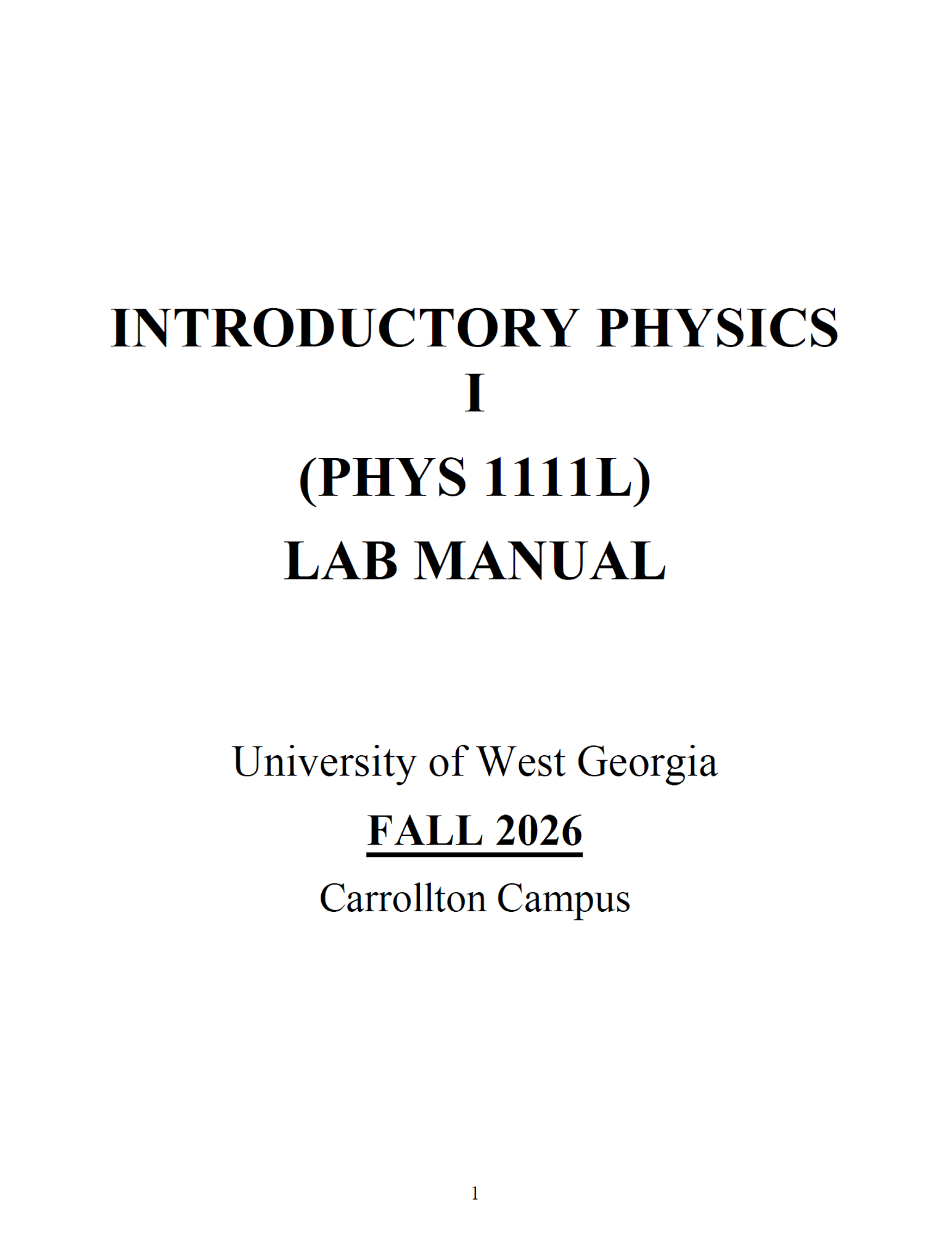 Cover image for PHYS 1111L LAB MANUAL - FALL 2026