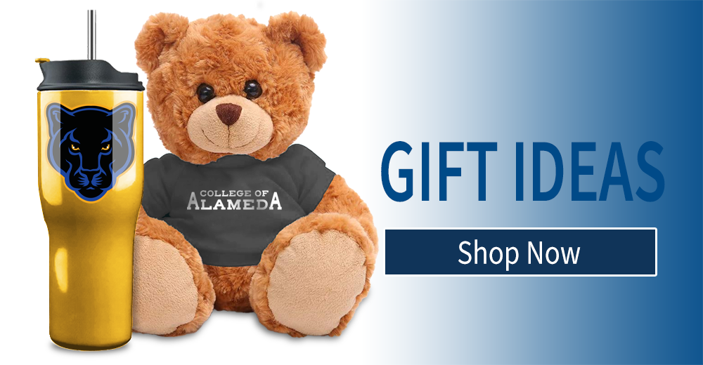 A college branded teddy bear and travel mug next to the text Gift Ideas Shop Now.