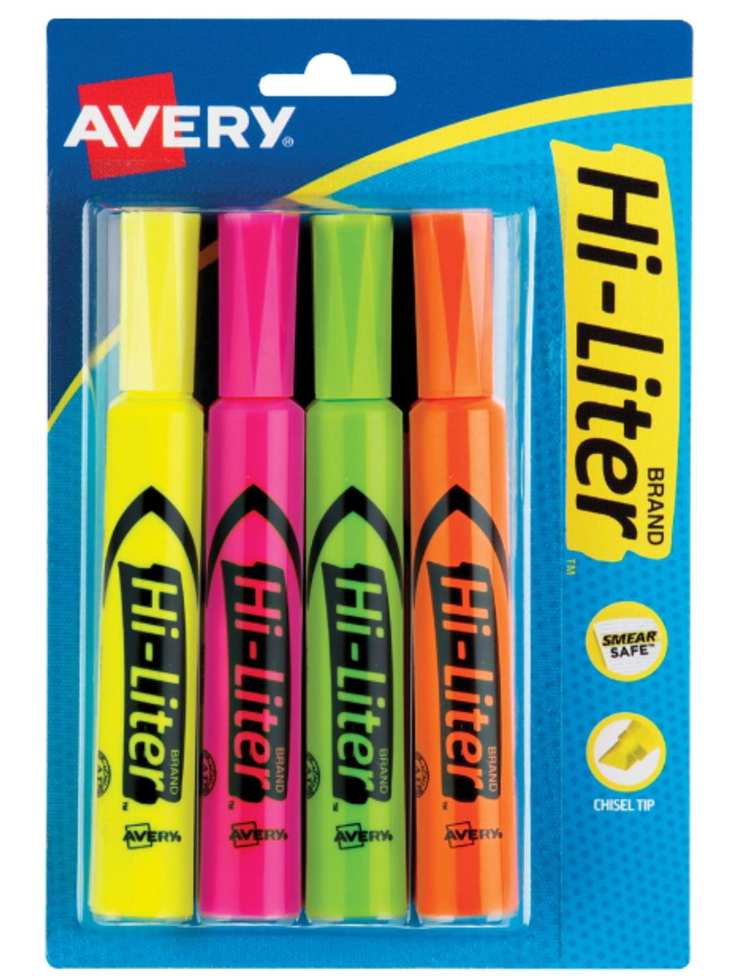 Avery Hi-Liter Fluorescent Highlighter, Chisel Tip, 4 Pack