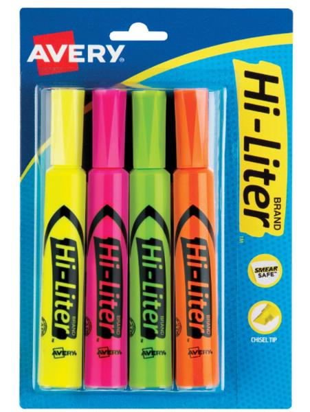 Avery Hi-Liter Fluorescent Highlighter, Chisel Tip, 4 Pack; $4.98