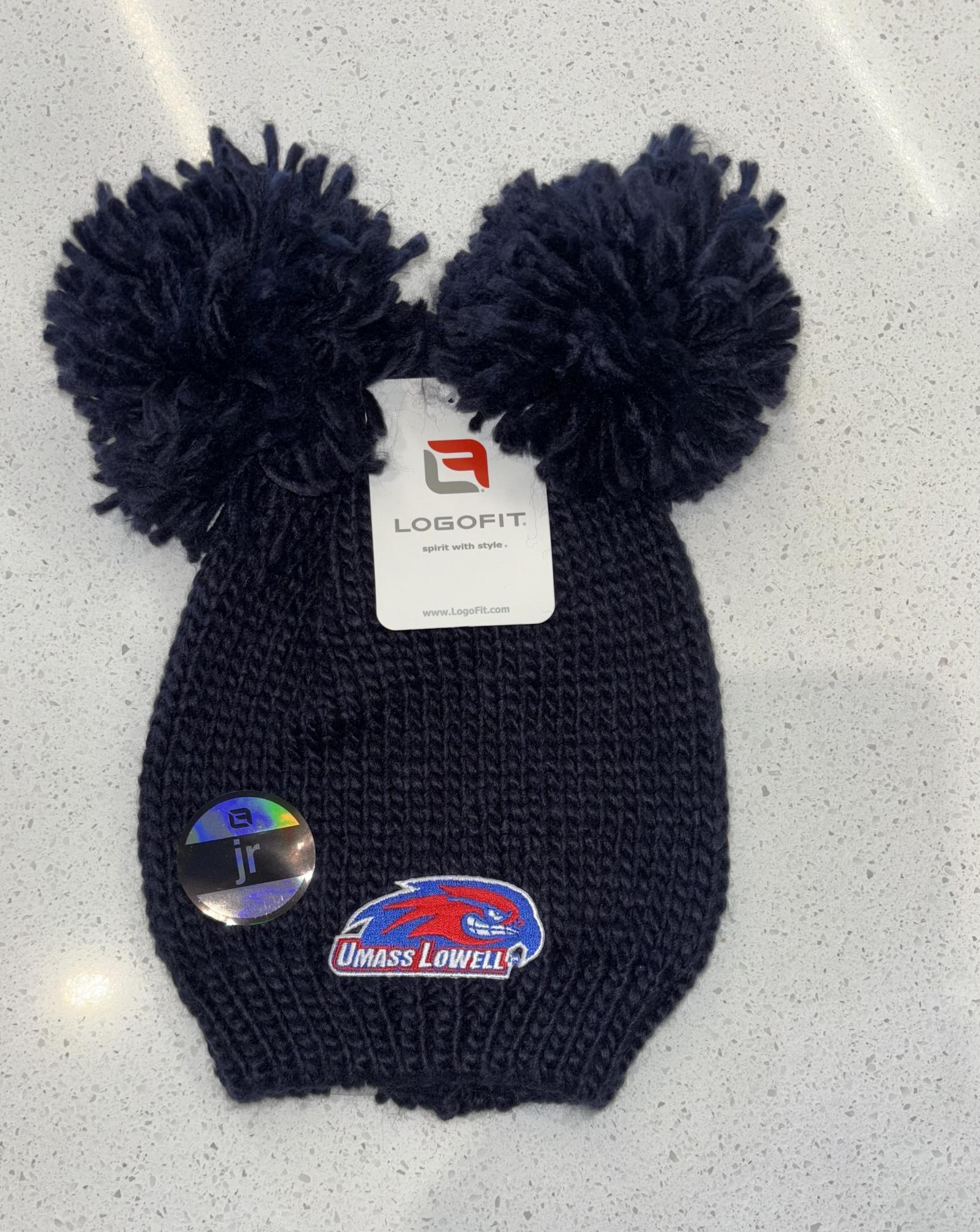 image of: Pigtail PomPom Youth Navy Knit Beanie
