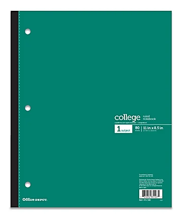 image of: Office Depot® Brand Wireless Notebook, 9" x 11", 1 Subject, College Ruled, 80 Sheets, Green