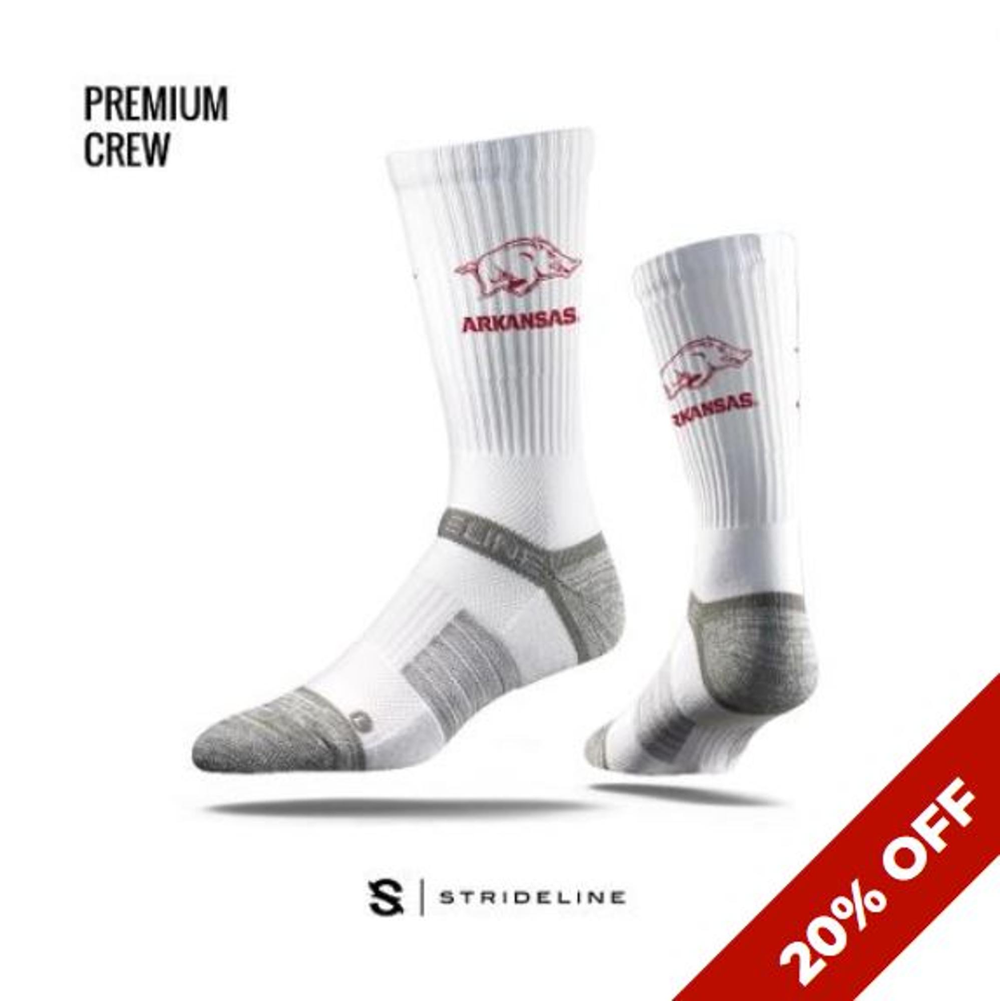 image of: Arkansas Razorbacks Strideline Premium Running Hog Crew Socks - White