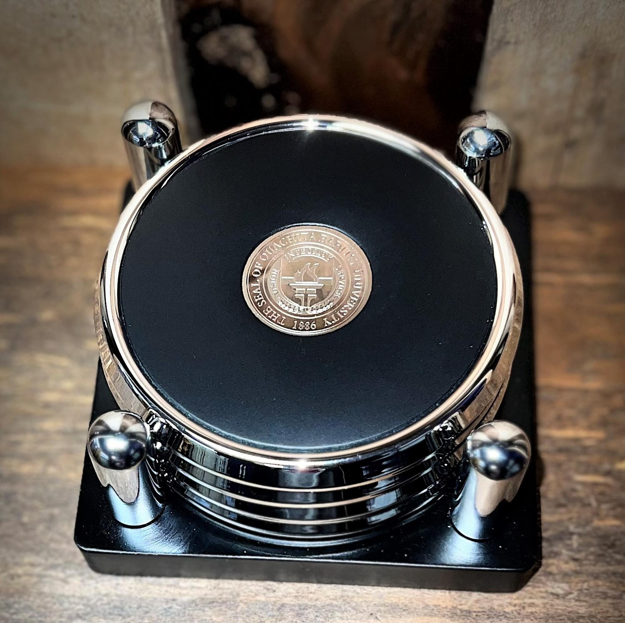 image of: Ouachita Set of Four Silver-Tone Round Coasters in Stand