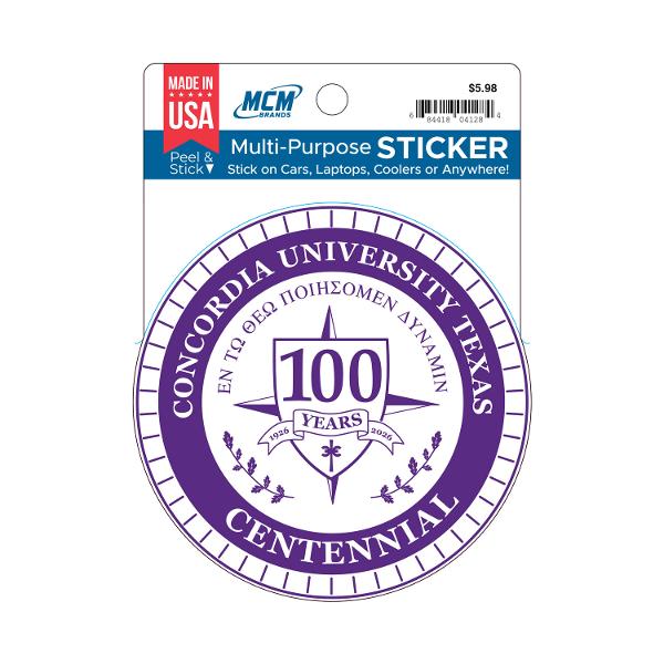 Concordia University Texas Centennial Sticker, White & Purple; $5.98
