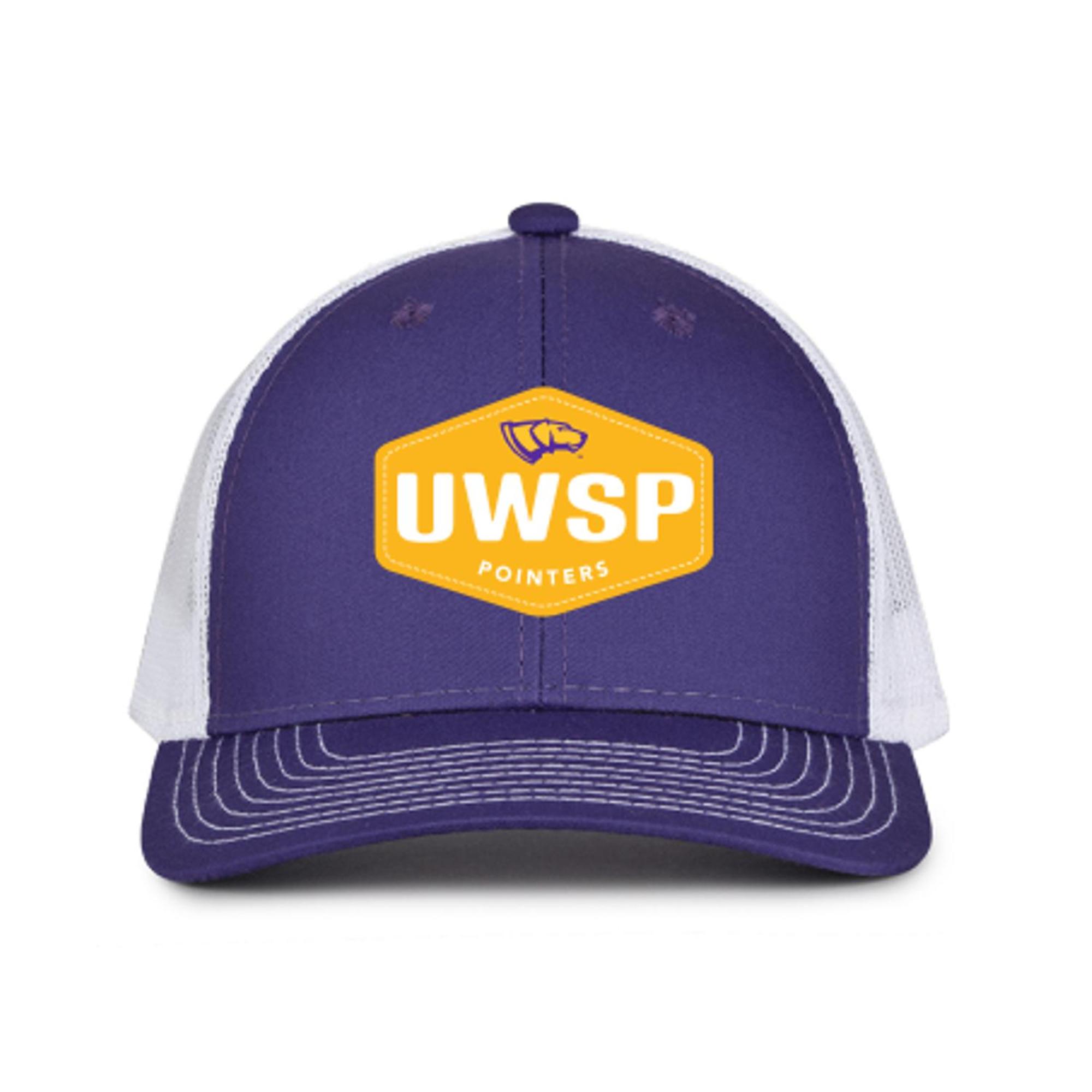Product image 1 of 1 for UWSP Trucker Hat with Twill Patch, UWSP Pointers Logo, Purple & White