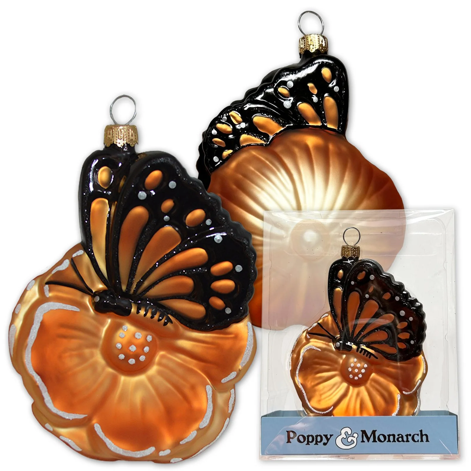 Product image 1 of 4 for California Poppy and Monarch Butterfly Glass Christmas Ornament