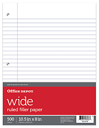 image of: Ruled Filler Paper, 10 1/2" x 8", 3-Hole Punched, 16 Lb, Wide Ruled With Margin, Ream Of 500 Sheets
