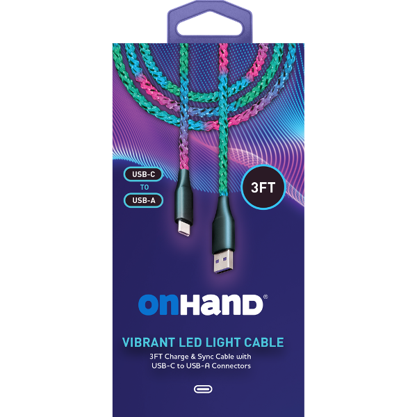 OnHand Vibrant LED Light Charge & Sync Cable - 3ft USB-A to USB-C; $14.99