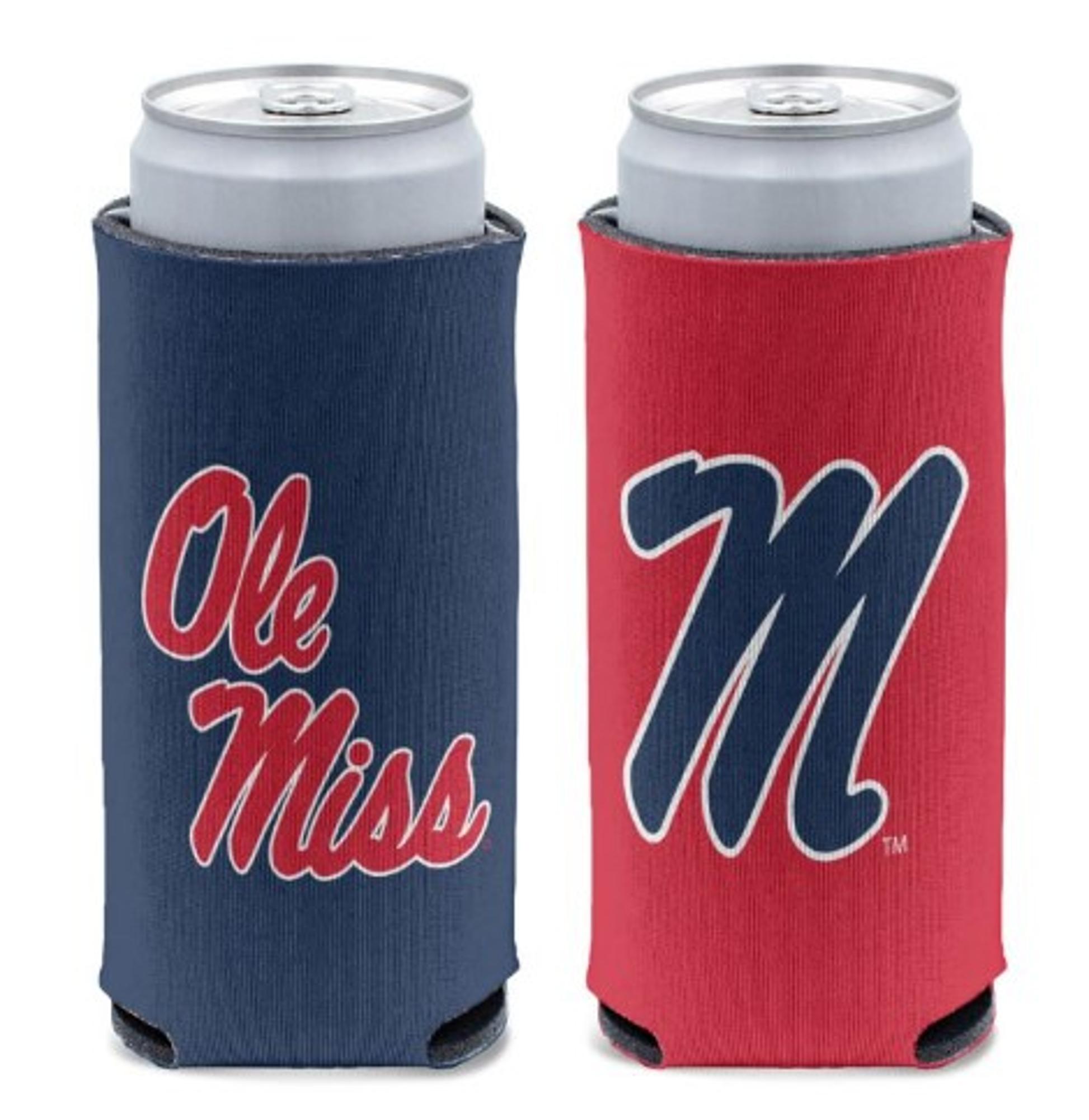 image of: Ole Miss Cursive M Slim Can Cooler Navy/Red