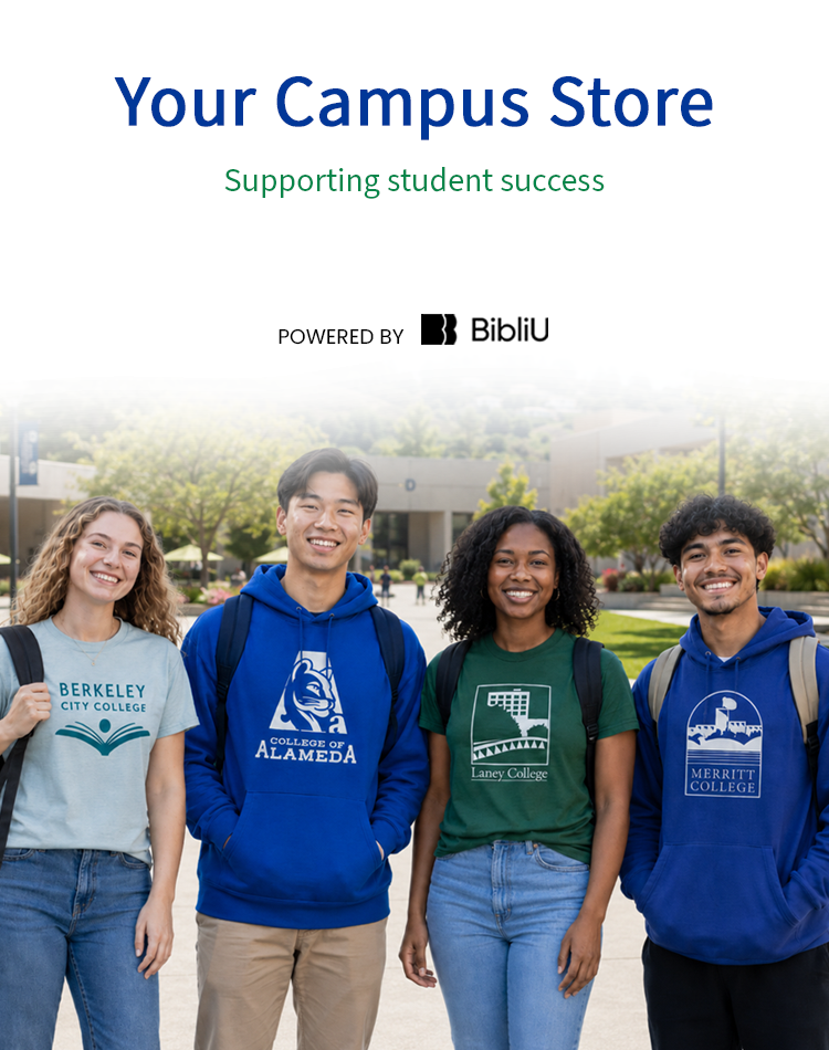 Four smiling Peralta Colleges students in campus apparel standing together outdoors.