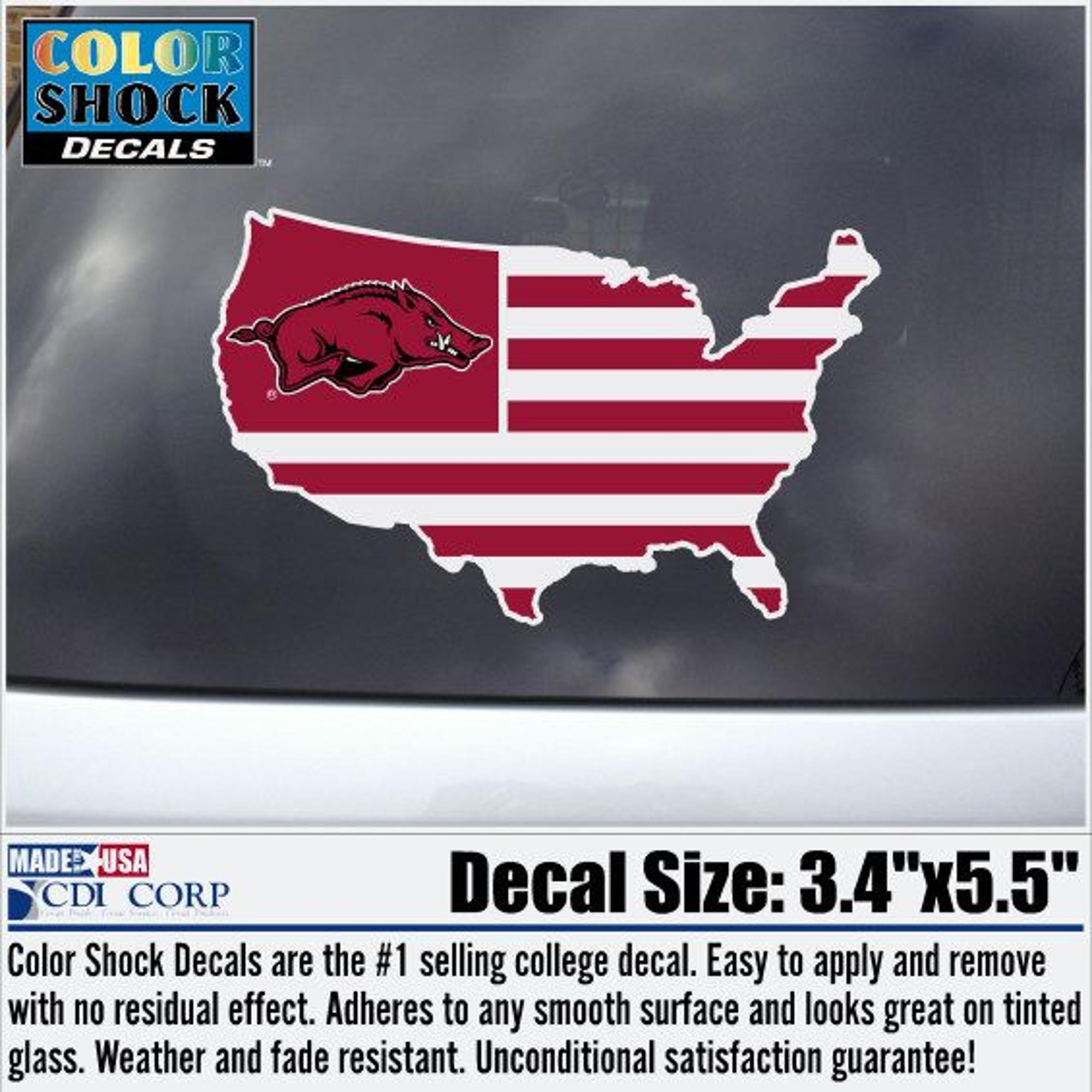image of: zz Arkansas Razorbacks Color Shock Running Hog United States Outline Decal - American Flag