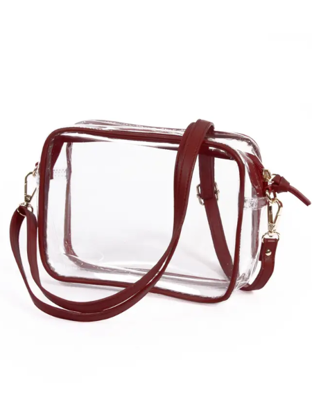 Bridget Clear Purse with Vegan Leather Trim, Maroon; $29.98