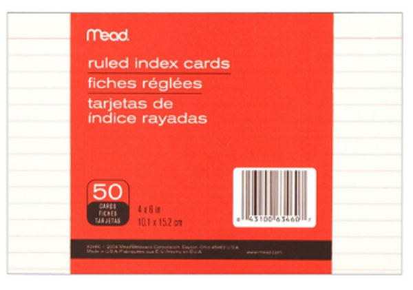 Mead 4in x 6in Ruled Index Cards, 50 Pack, White; $2.69