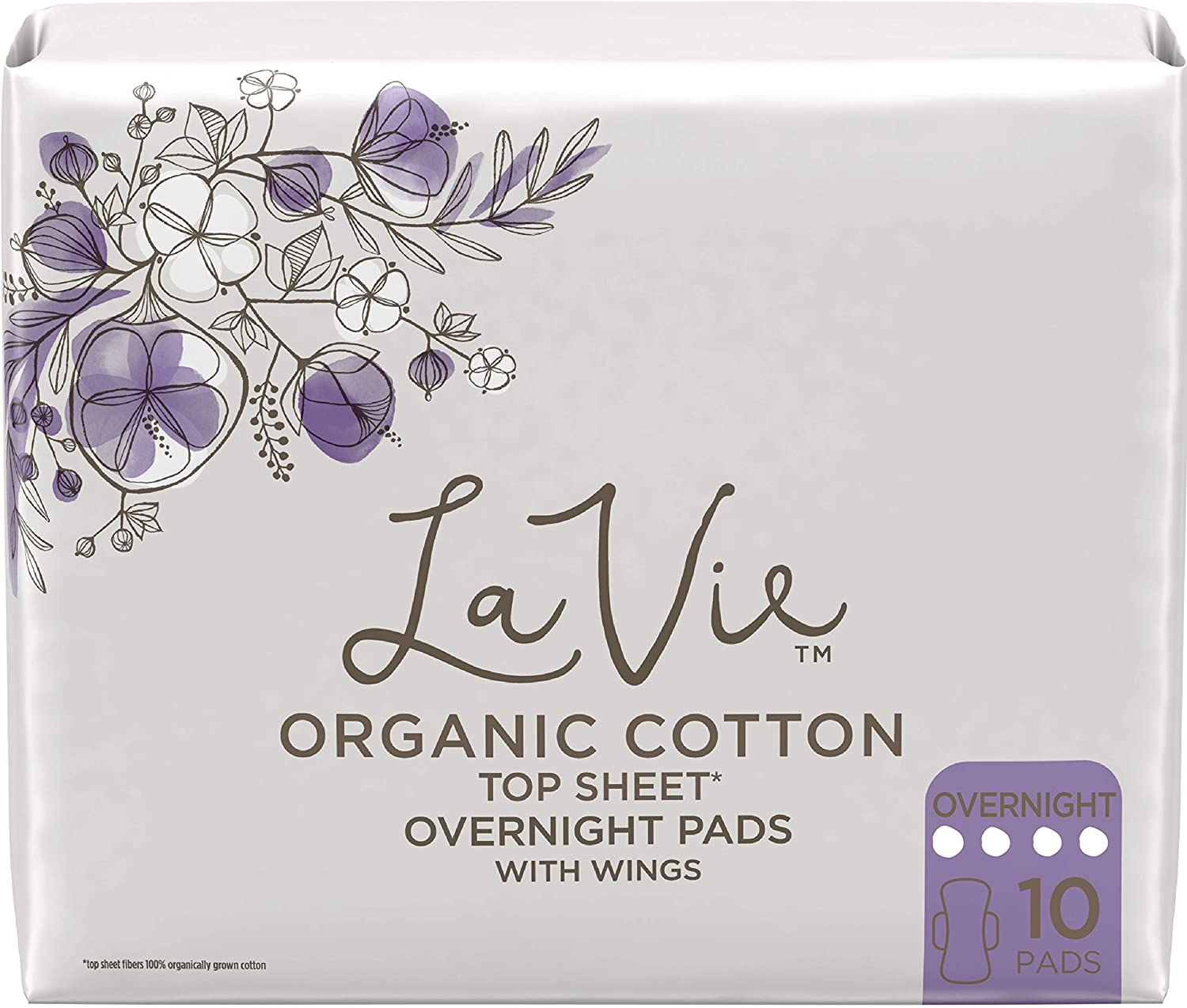 image of: La Vie Organic Cotton Top Sheet Feminine Pads with Wings, Overnight, Long, 10 Count
