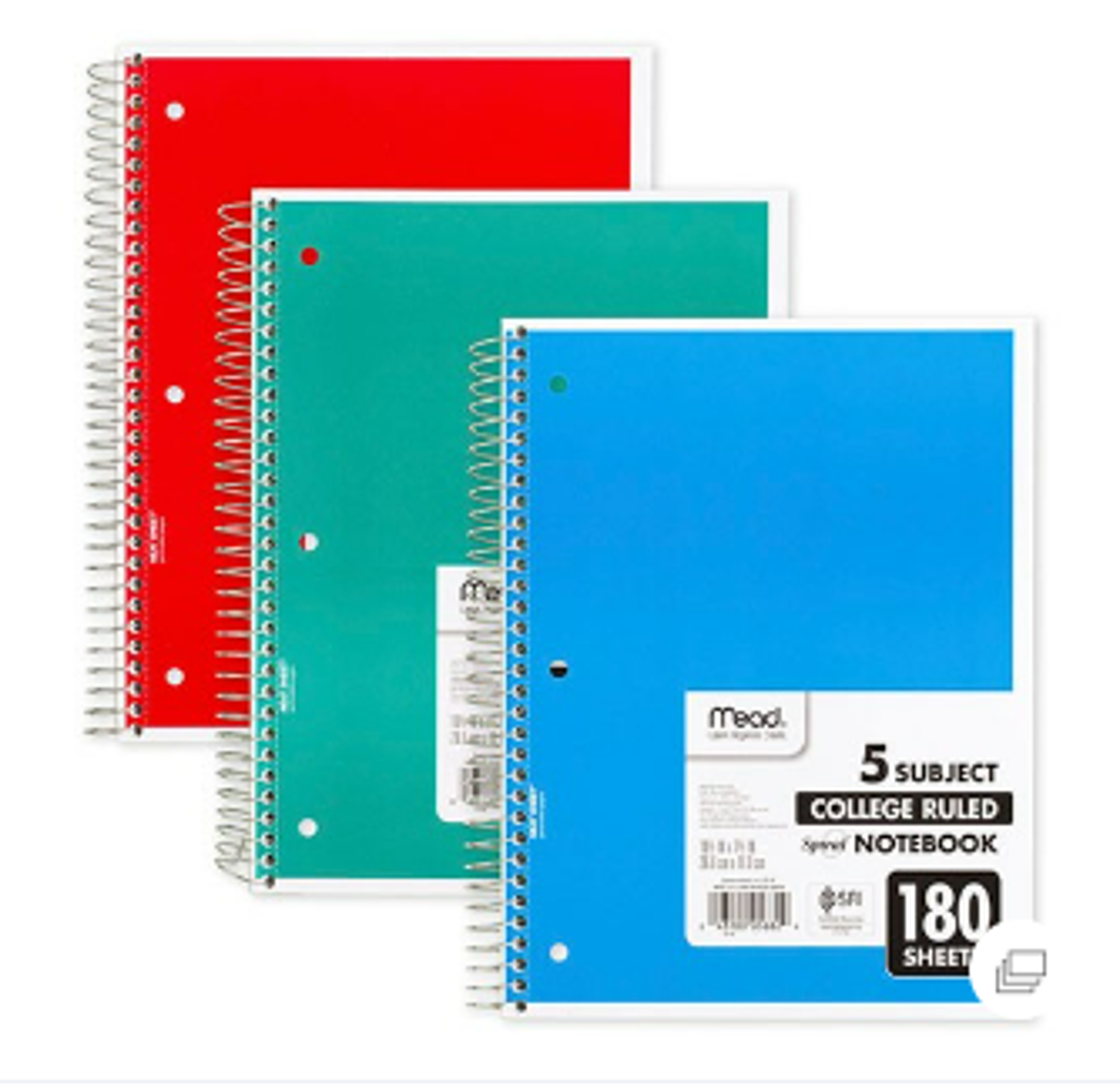 image of: Five Subject College Ruled Spiral Notebook 180sh