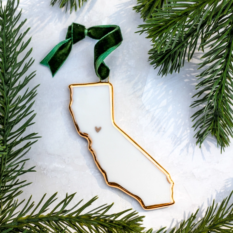 image of: California Gold Heart over Santa Clara, Handmade Porcelain State Ornament, White