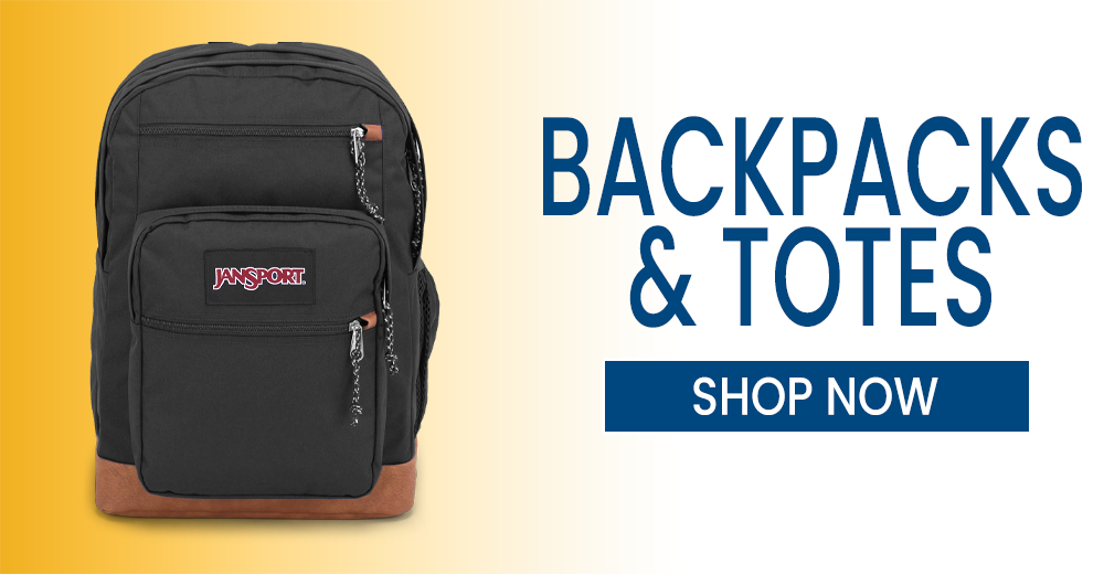 Image of a Backpack with a shopping link. "Shop Backpacks and Totes"
