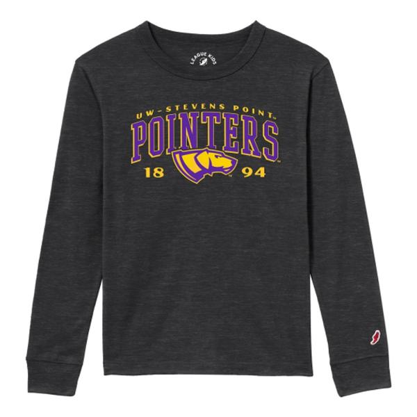 UWSP Youth Victory Falls Long Sleeve Tee, Pointers Dog 1894 Logo, Varsity Slate; $44.98