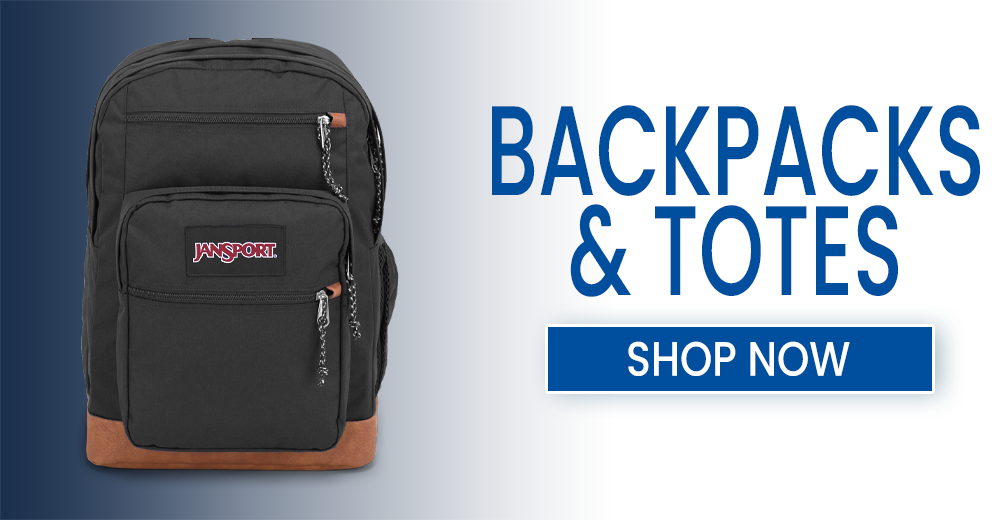 Image of a Backpack with a shopping link. "Shop Backpacks and Totes"