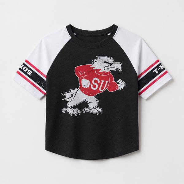 COLOSSEUM WOMENS CROP TEE S/S BLACK/WHITE FIGHTING BIRD; $30.00
