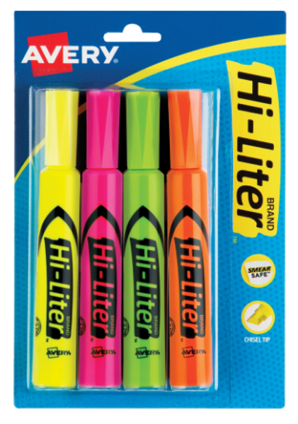 Avery Hi-Liter Fluorescent Highlighter, Chisel Tip, 4 Pack; $4.98