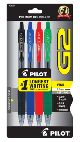 Pilot G2 .7mm Retractable Ballpoint Pen, 4 Pack, Primary; $11.98