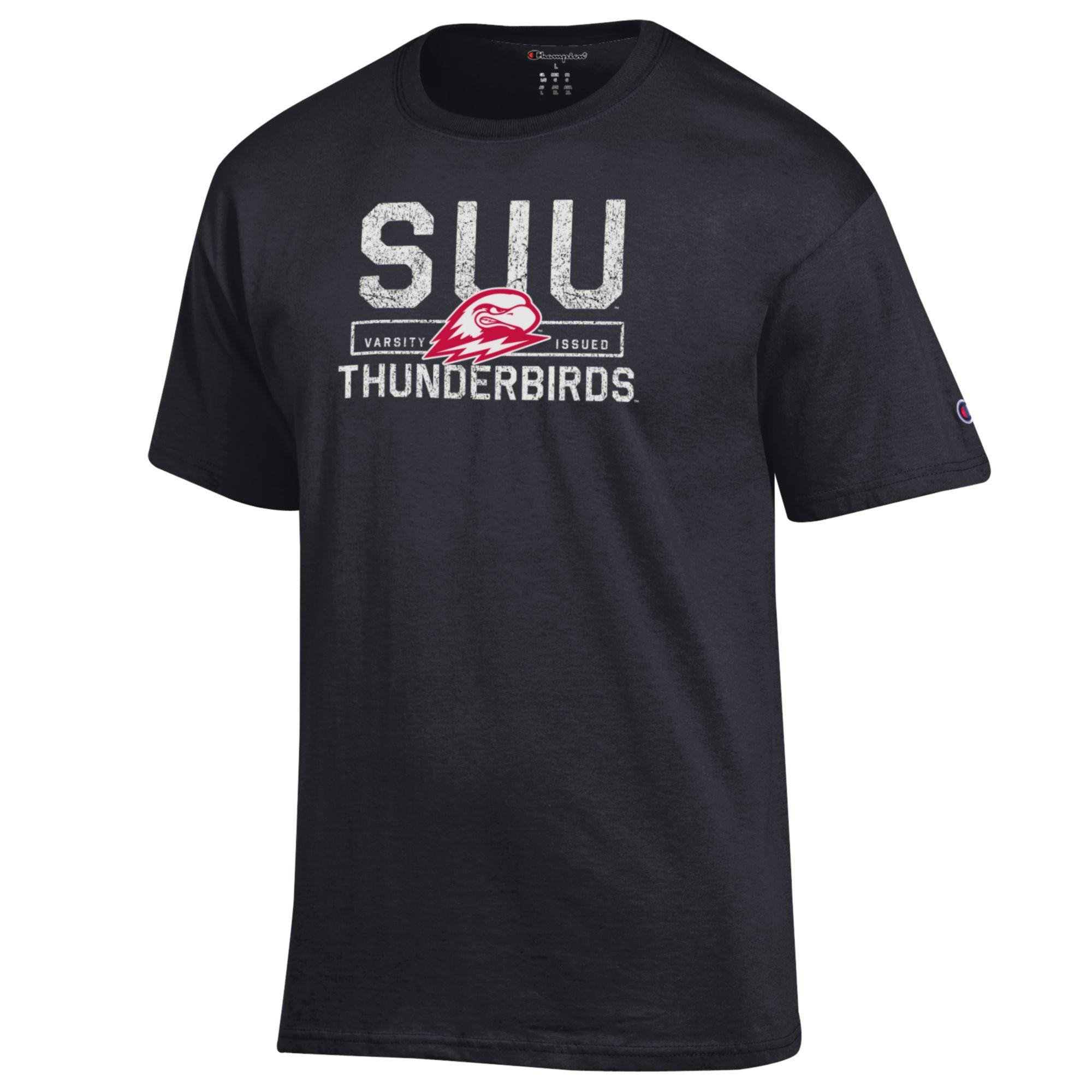 image of: CHAMPION TEE S/S BLACK VARSITY ISSUED
