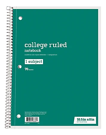 image of: Just Basics® Spiral Notebook, 7-1/2" x 10-1/2", College Ruled, 140 Pages (70 Sheets), Green