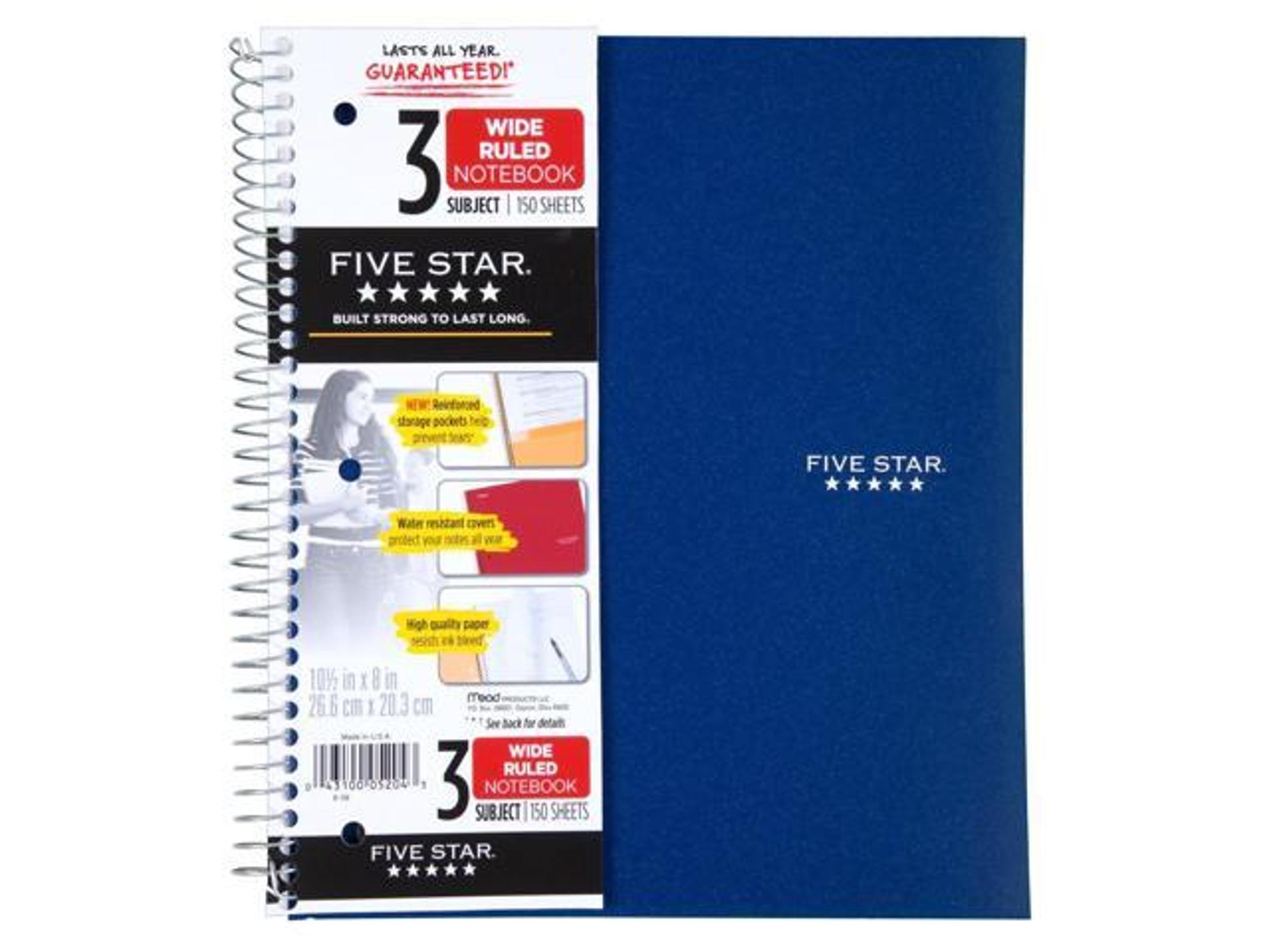 image of: Five Star® Trend Notebook, 4 Pockets, 8" x 10 1/2", 3 Subjects, Wide Ruled, 150 Sheets, Black
