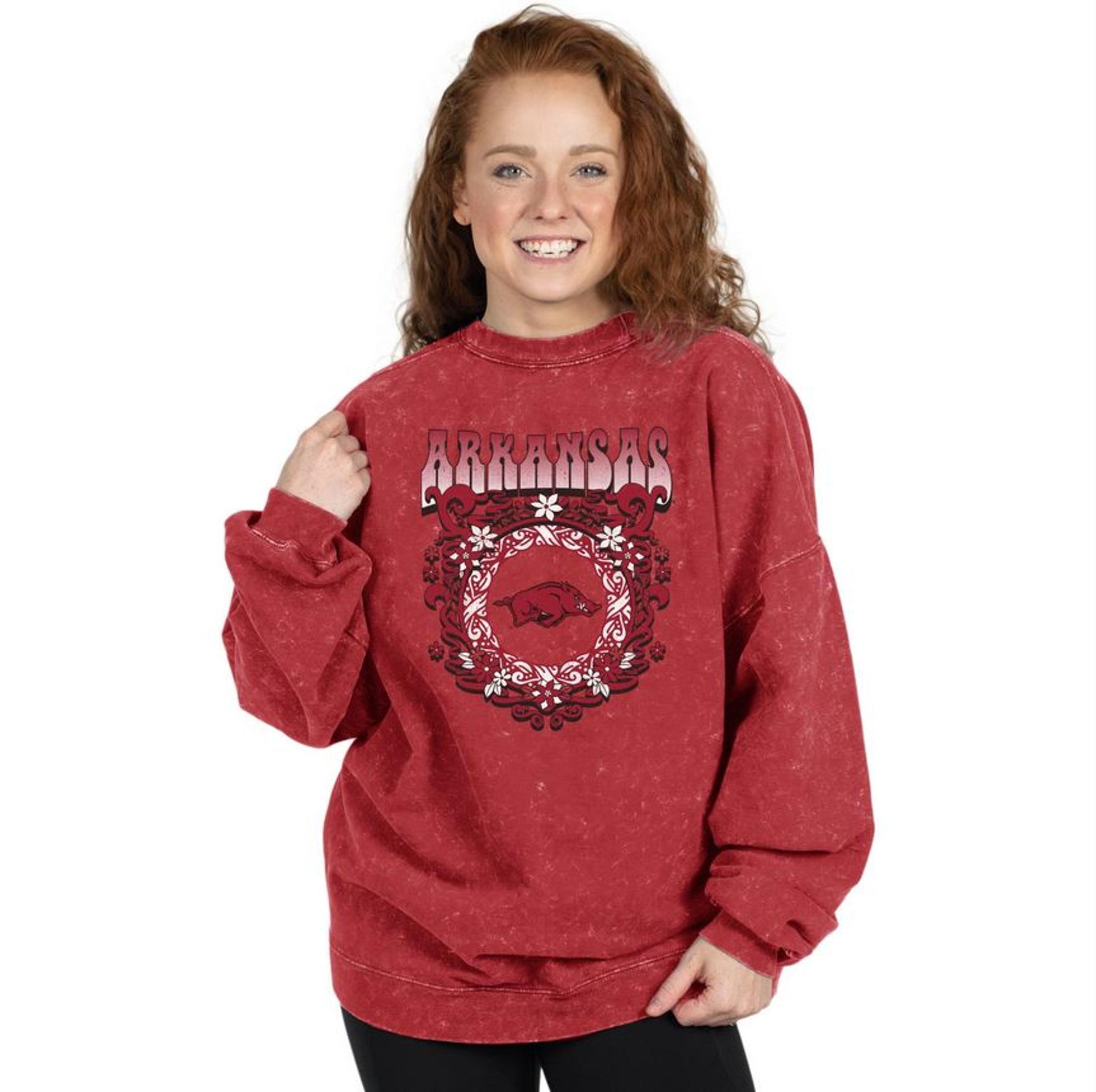 image of: zz MD25-Arkansas Razorbacks Groovy Oversized Crewneck Sweatshirt - Crimson