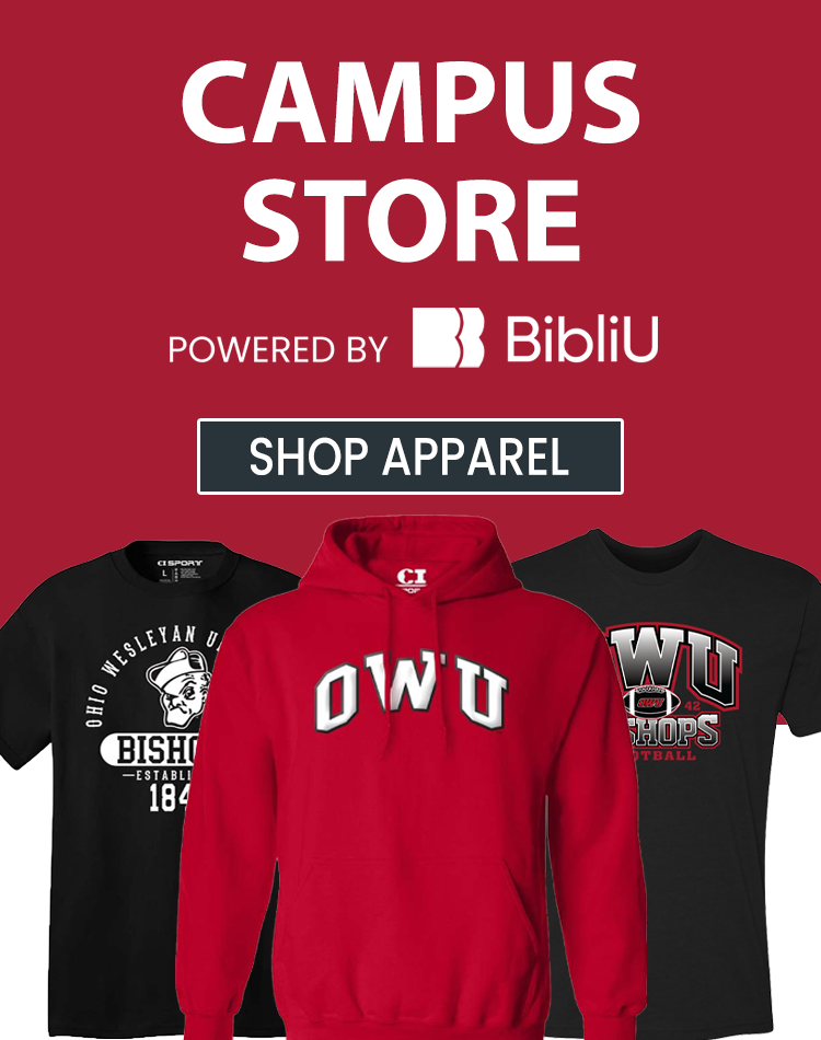 Campus Store banner powered by BibliU showing OWU apparel and Shop Apparel button