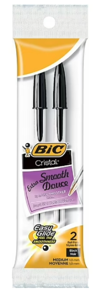 BIC Cristal Xtra Smooth 1.0mm Ballpoint Pen, 2 Pack, Black; $1.45