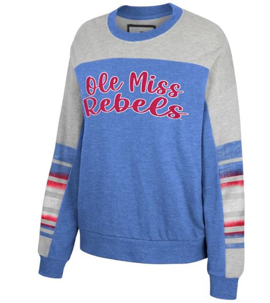 Women's Ole Miss Rebels Applique Striped Sleeve Crew Powder Blue S-L; $50.00