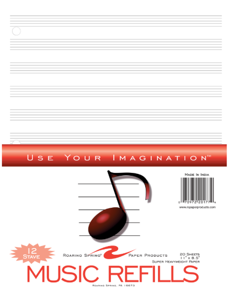 Music Filler Paper, 12 Stave, 20 Sheets; $8.98