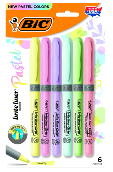 BIC Brite Liner Pen Style Highlighter - Asst Chisel 6Pk Pastel; $6.99