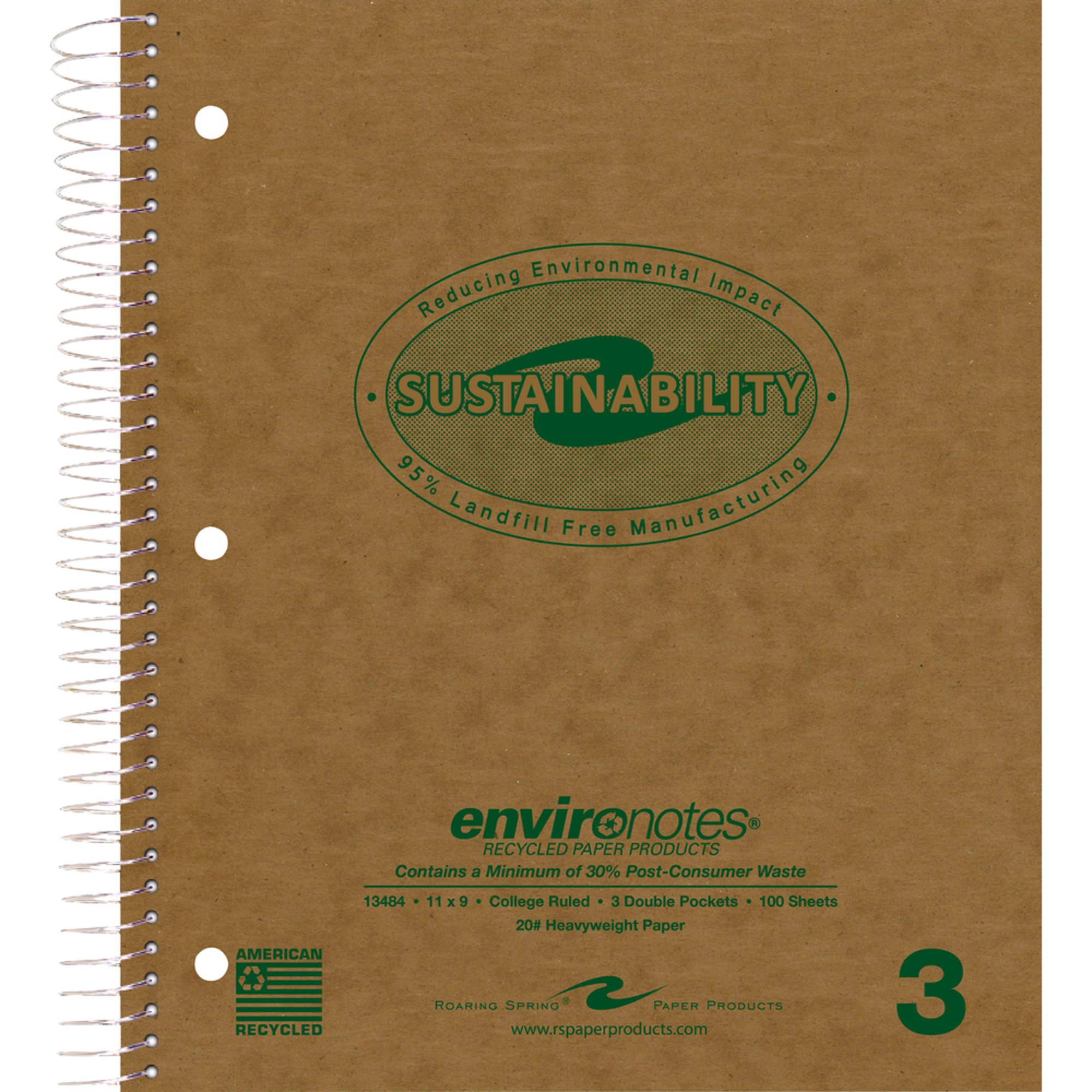 Product image 1 of 1 for Roaring Spring Wirebound Notebook Recycled 3-Subject College Ruled, Brown
