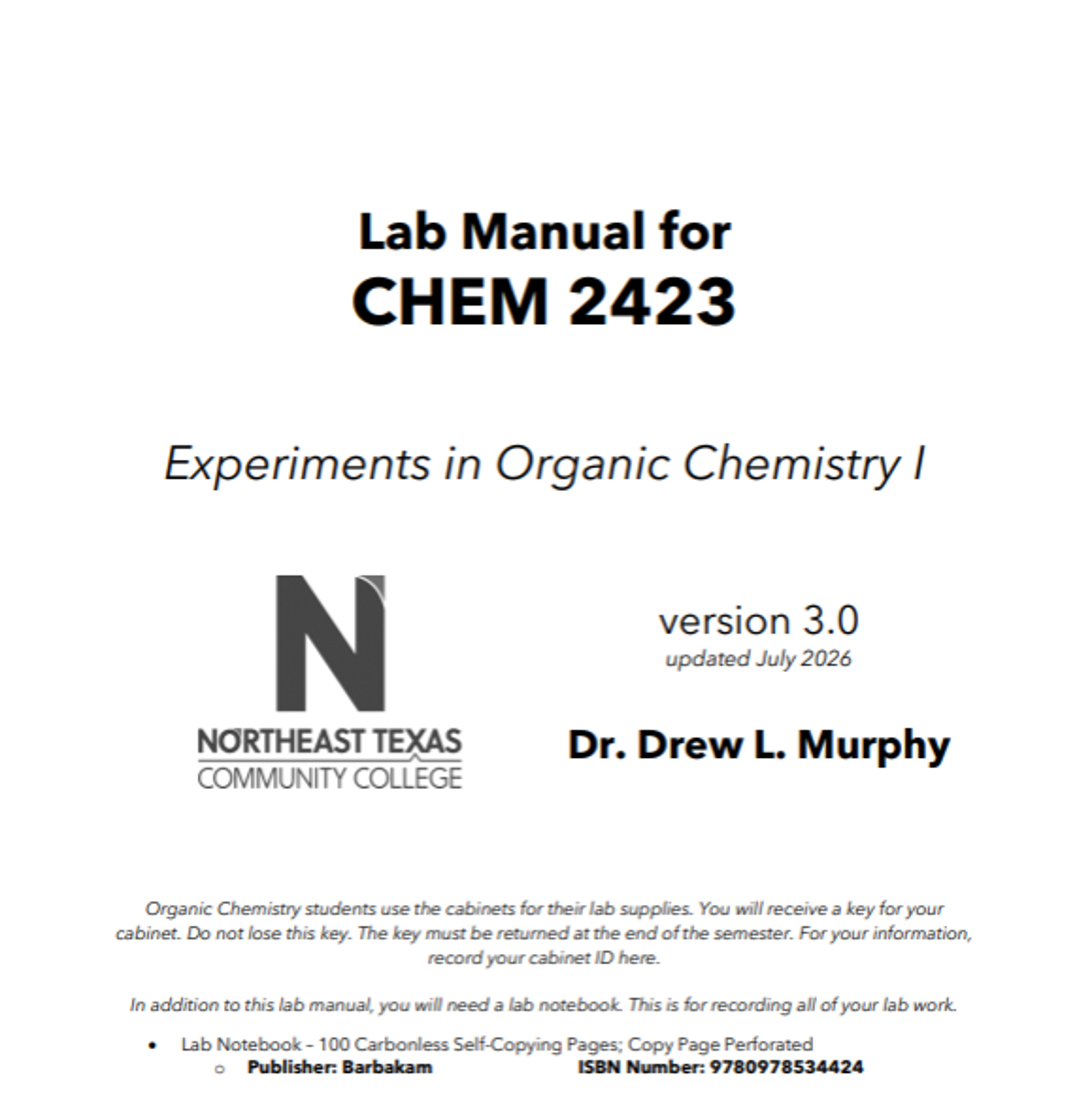 Cover image for CHEM 2423: Organic Chemistry 1 Lab Manual
