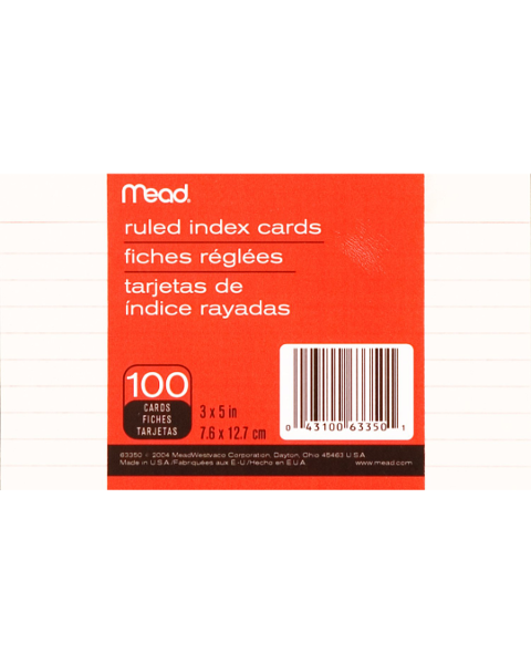 Mead 3in x 5in Ruled Index Cards, 100 Pack, White; $1.98