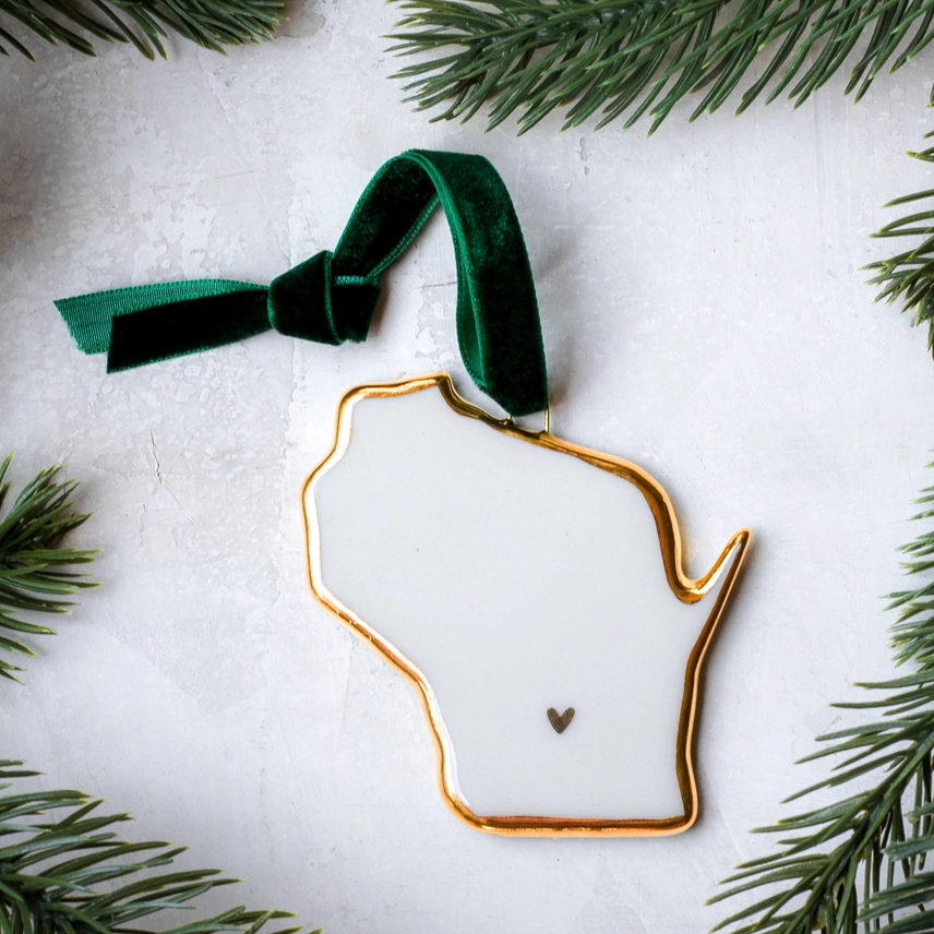 Product image 1 of 1 for UWSP Handmade Porcelain Wisconsin State Gold Heart Ornament