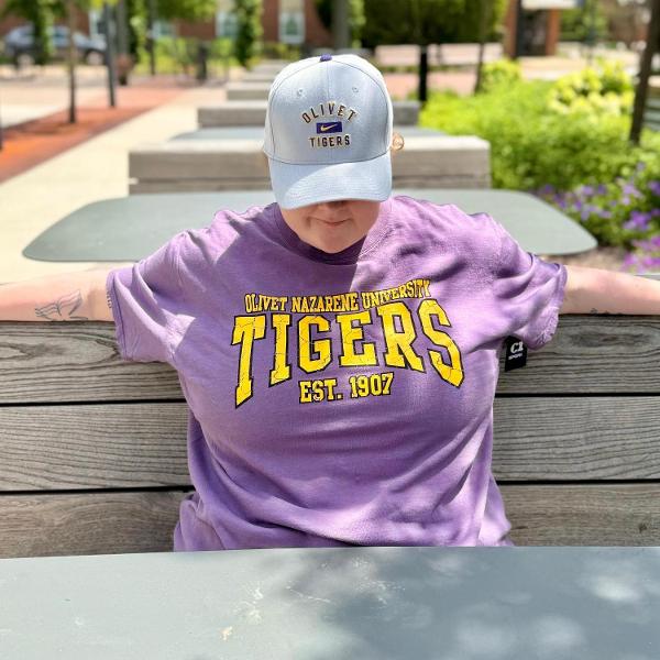 Olivet Nazarene Tigers Beach Wash Cracked Graphic Tee, Vintage Plum; $26.99
