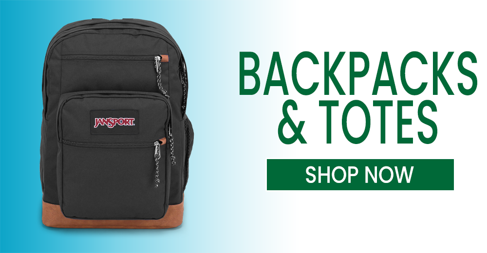 Image of a Backpack with a shopping link. "Shop Backpacks and Totes"