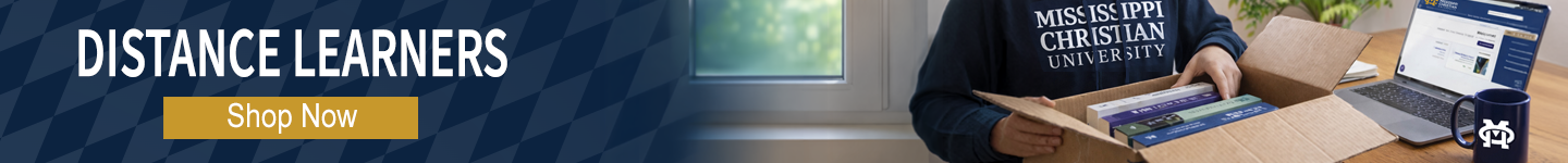 Distance Learners Shop Now banner featuring a student unpacking their shipped course materials.