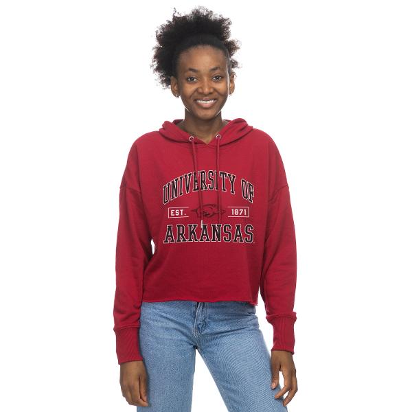 Arkansas Razorbacks Women's Raw Edge Cropped Hoodie - Crimson; $59.00