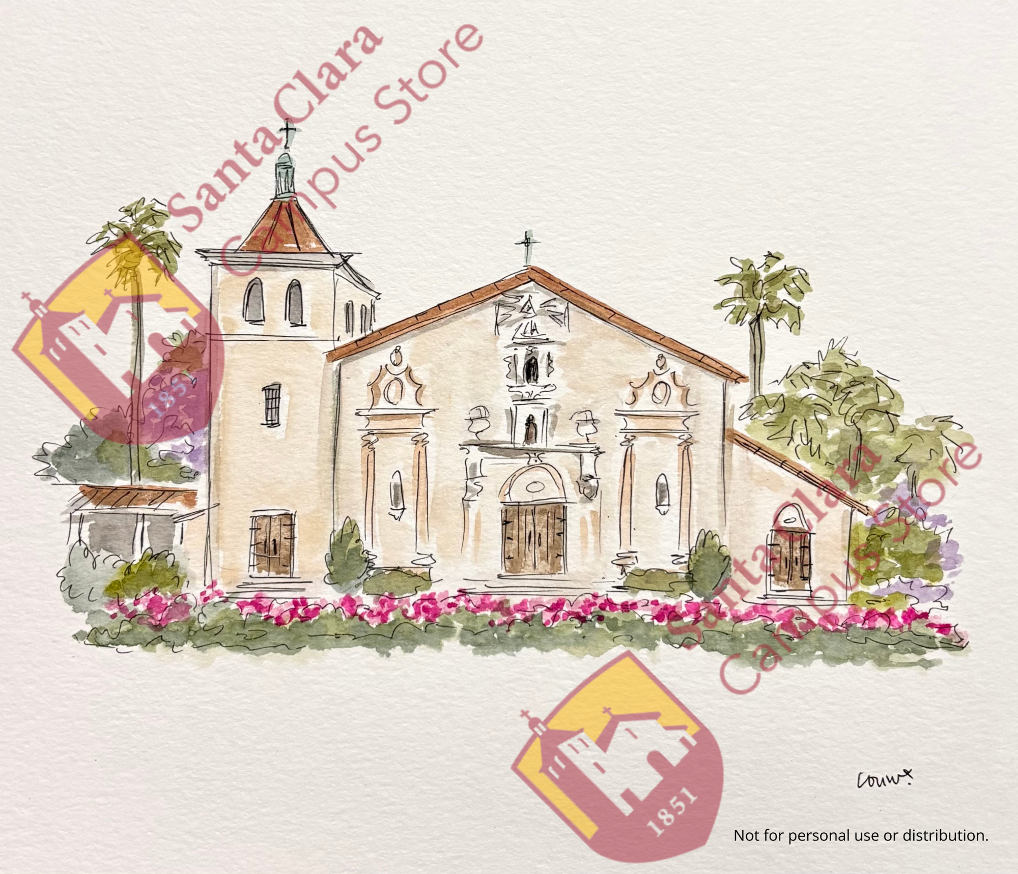 image of: Santa Clara de Asis Mission 8in x 10in Watercolor Art Print
